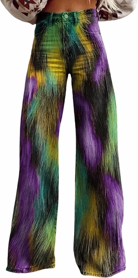 Vintage Flare Jeans for Women Wide Leg Baggy Pant Floral Print High Waisted Straight Stretch Pants with Pockets