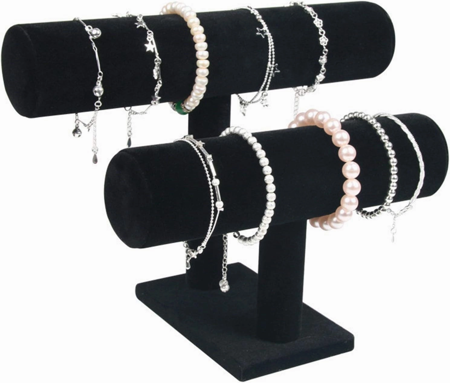 Vintage Leather Velvet Bracelet Chain Watch Bar Rack Jewelry Organizer Hard Display Stand Holder (3layers Velvet Red)
