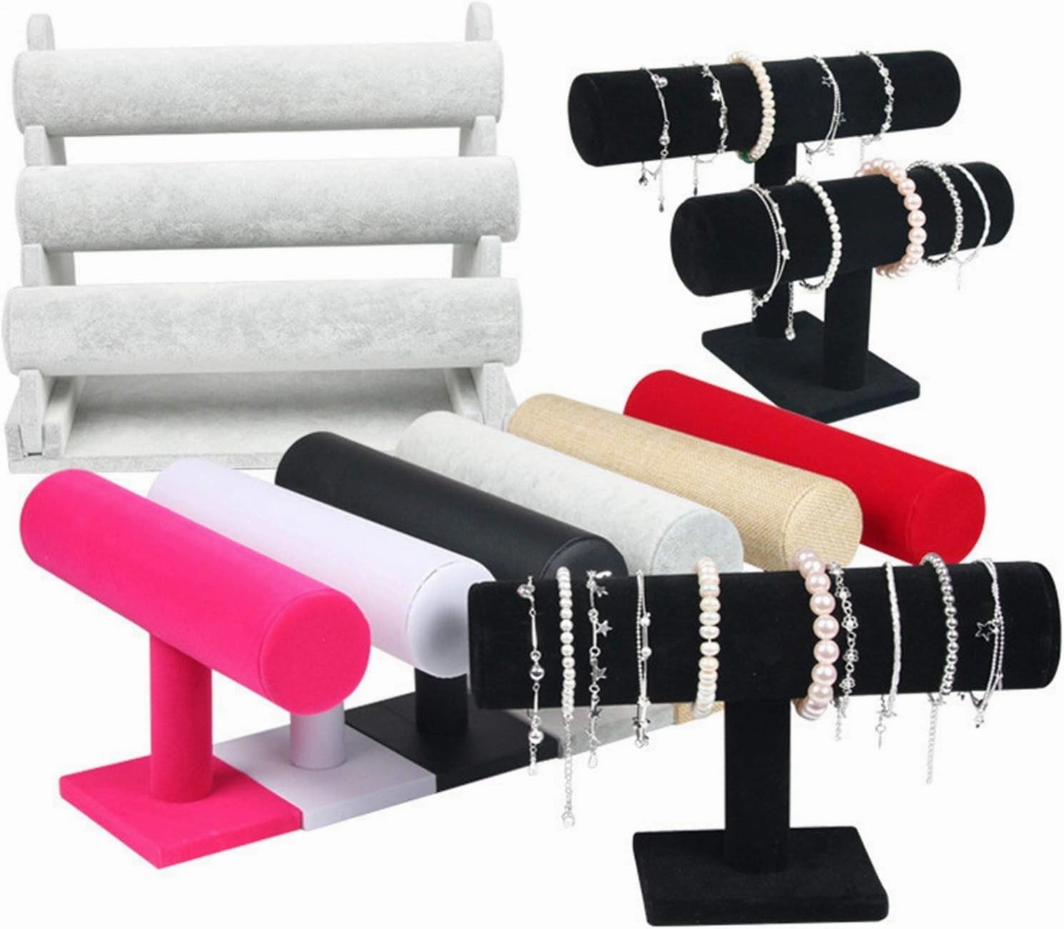 Vintage Leather Velvet Bracelet Chain Watch Bar Rack Jewelry Organizer Hard Display Stand Holder (3layers Velvet Red)