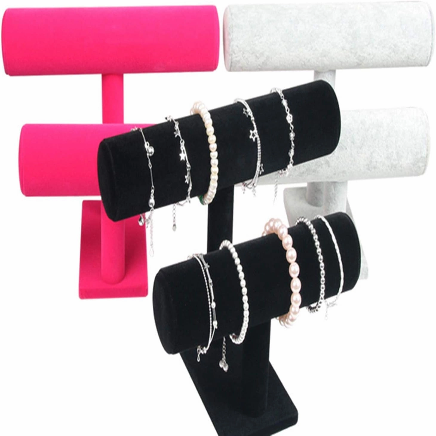 Vintage Leather Velvet Bracelet Chain Watch Bar Rack Jewelry Organizer Hard Display Stand Holder (3layers Velvet Red)