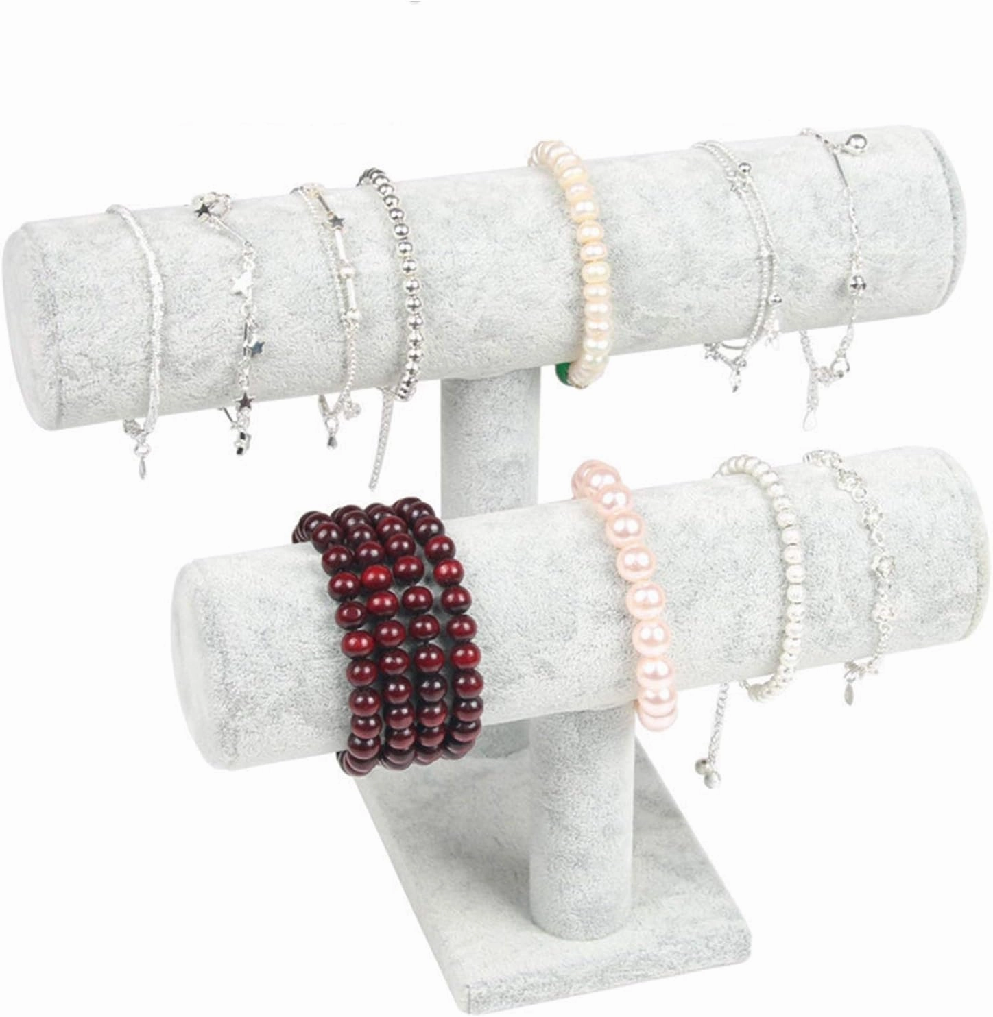 Vintage Leather Velvet Bracelet Chain Watch Bar Rack Jewelry Organizer Hard Display Stand Holder (3layers Velvet Red)
