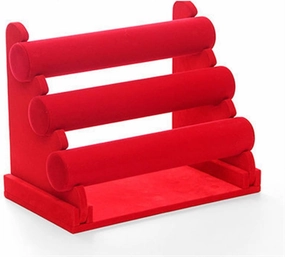 Vintage Leather Velvet Bracelet Chain Watch Bar Rack Jewelry Organizer Hard Display Stand Holder (3layers Velvet Red)
