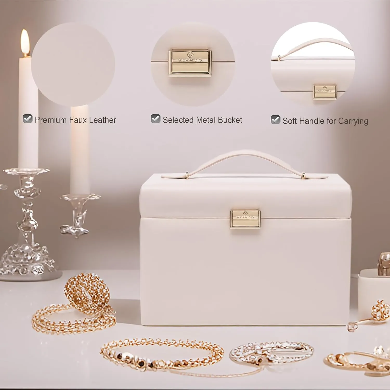 Vlando Mirrored Jewelry Box Organizer, Leather Jewelry Storage Case, Necklaces Earrings Rings Brackets Box Holder, Pink Beige