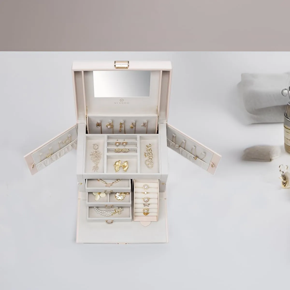 Vlando Mirrored Jewelry Box Organizer, Leather Jewelry Storage Case, Necklaces Earrings Rings Brackets Box Holder, Pink Beige