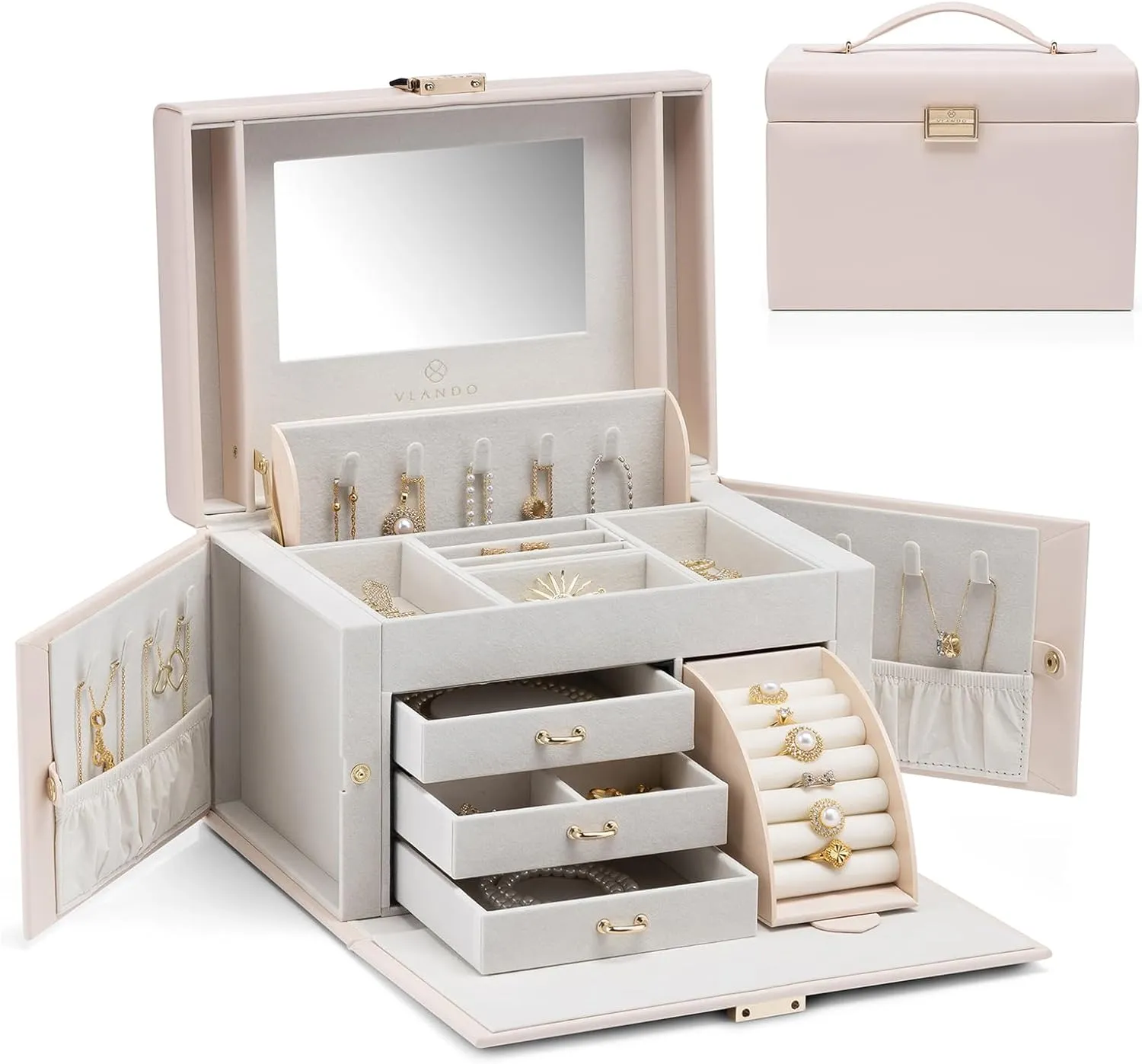 Vlando Mirrored Jewelry Box Organizer, Leather Jewelry Storage Case, Necklaces Earrings Rings Brackets Box Holder, Pink Beige