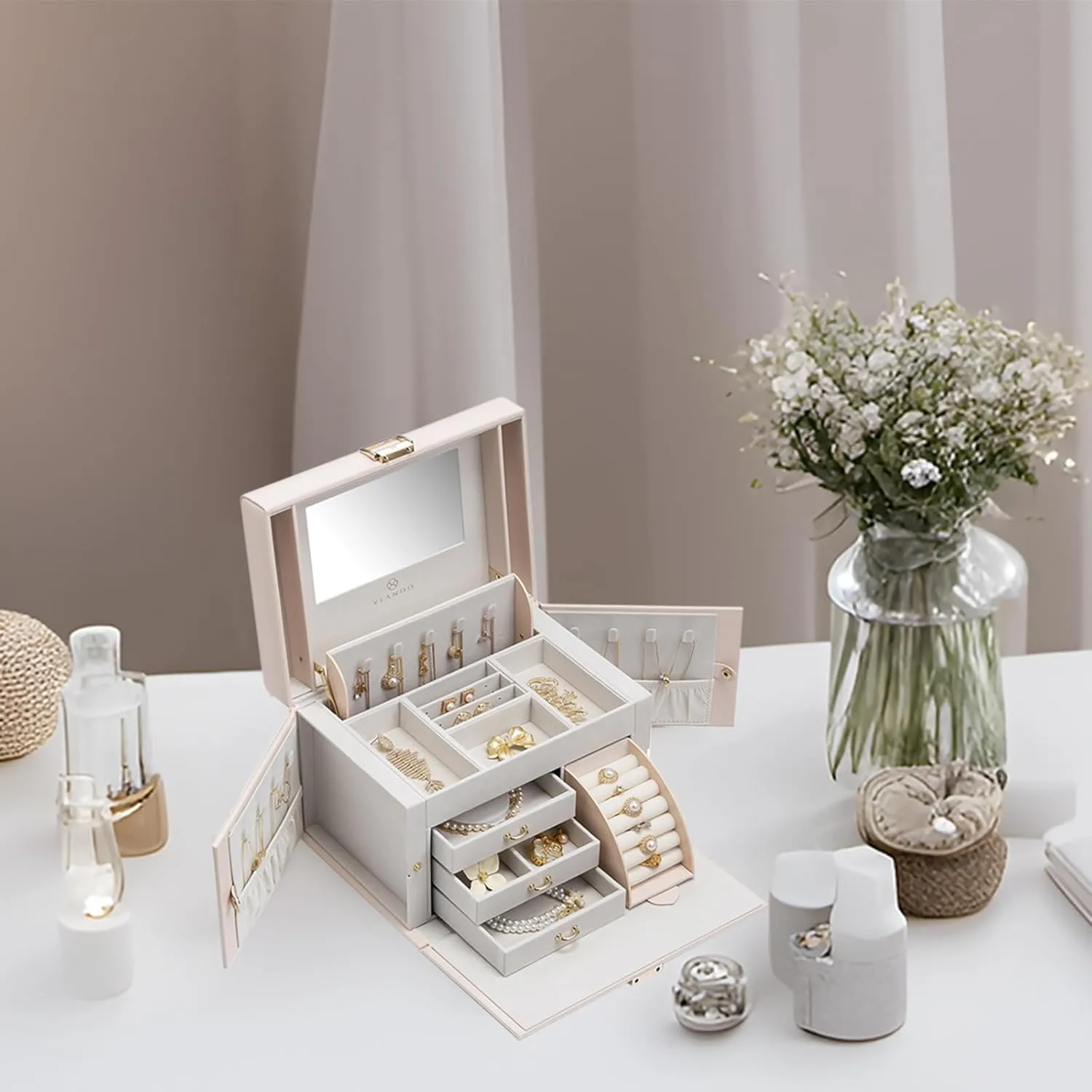 Vlando Mirrored Jewelry Box Organizer, Leather Jewelry Storage Case, Necklaces Earrings Rings Brackets Box Holder, Pink Beige