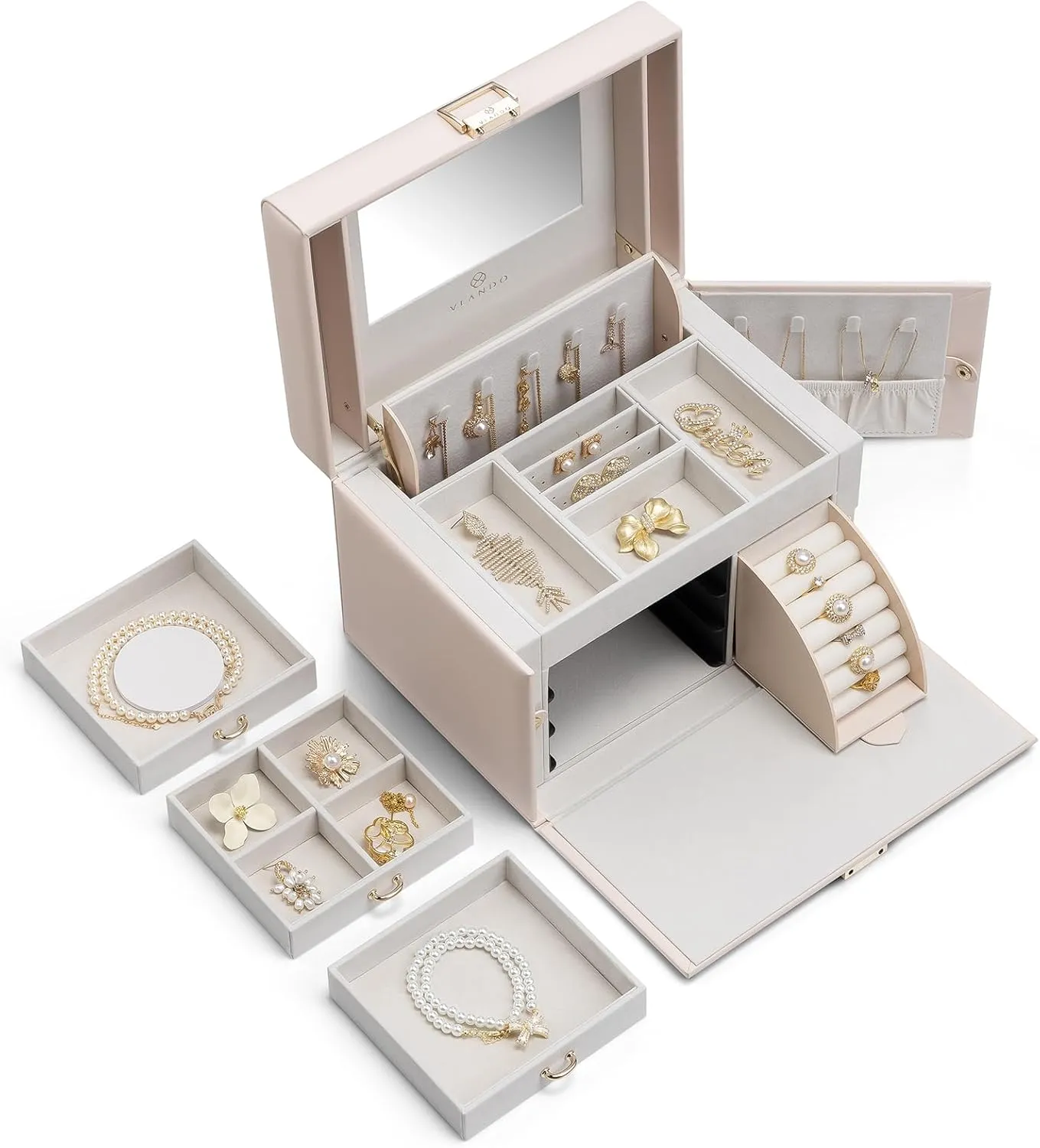 Vlando Mirrored Jewelry Box Organizer, Leather Jewelry Storage Case, Necklaces Earrings Rings Brackets Box Holder, Pink Beige