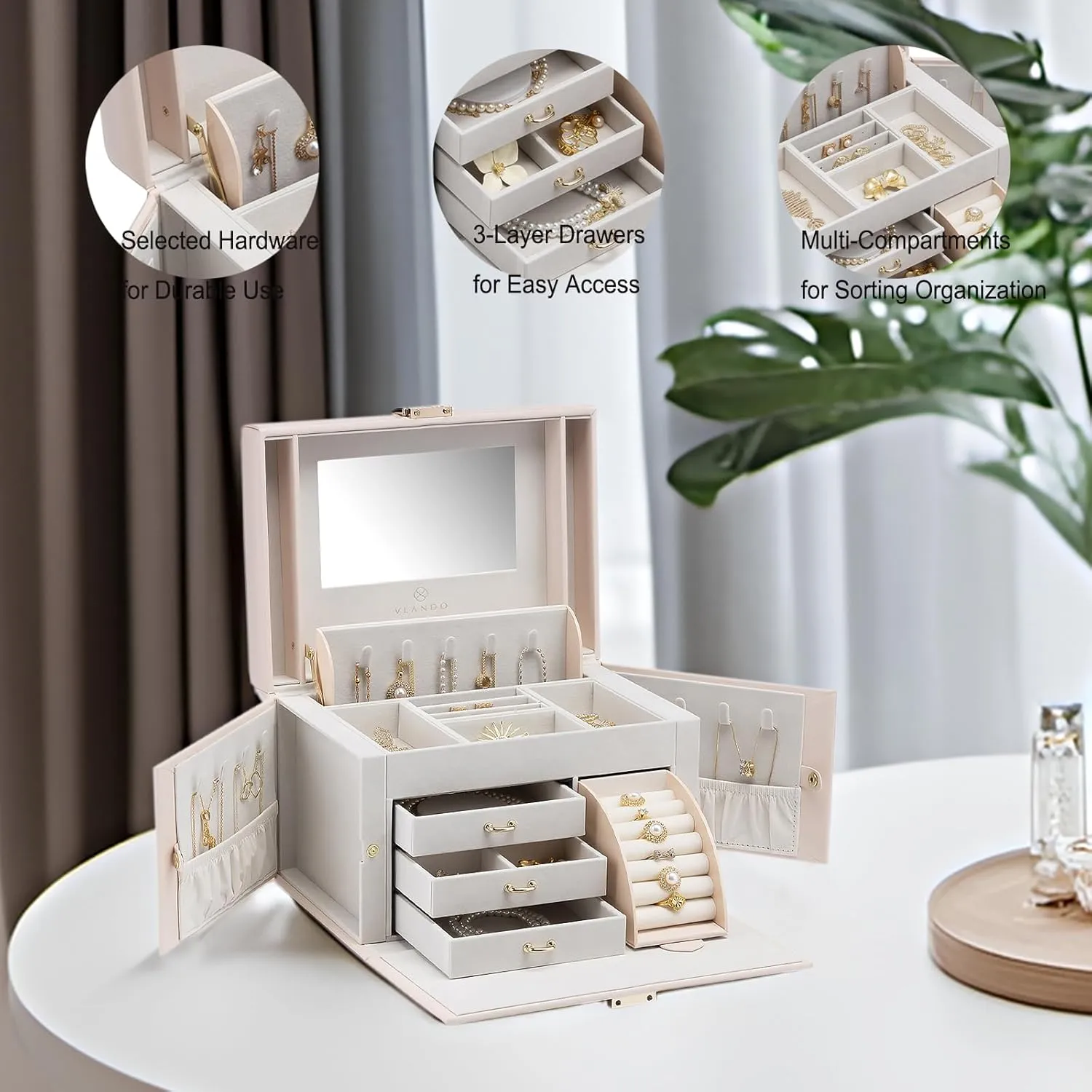 Vlando Mirrored Jewelry Box Organizer, Leather Jewelry Storage Case, Necklaces Earrings Rings Brackets Box Holder, Pink Beige