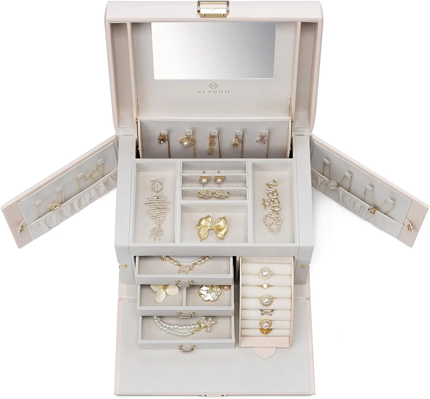 Vlando Mirrored Jewelry Box Organizer, Leather Jewelry Storage Case, Necklaces Earrings Rings Brackets Box Holder, Pink Beige