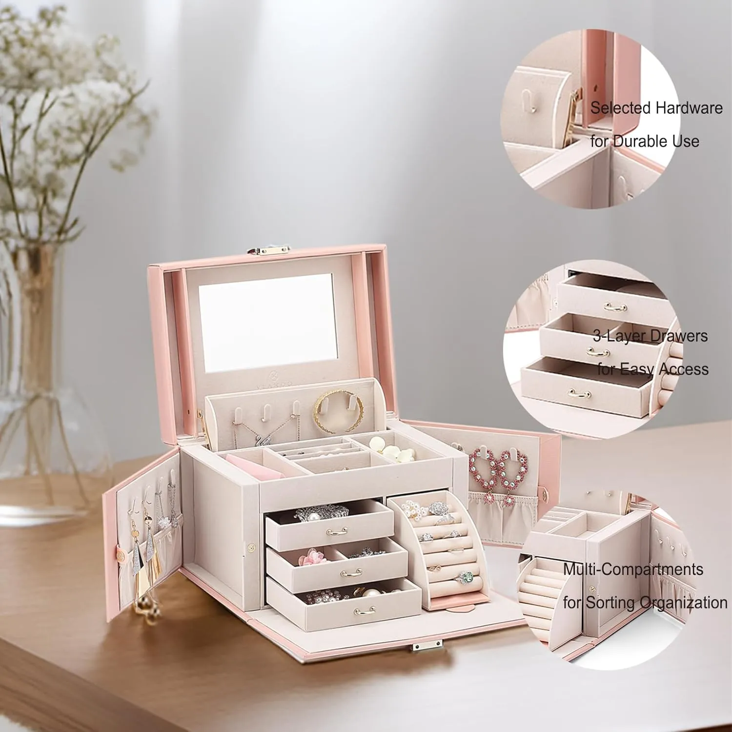 Vlando Mirrored Jewelry Box Organizer, Leather Jewelry Storage Case, Necklaces Earrings Rings Brackets Box Holder, Pink