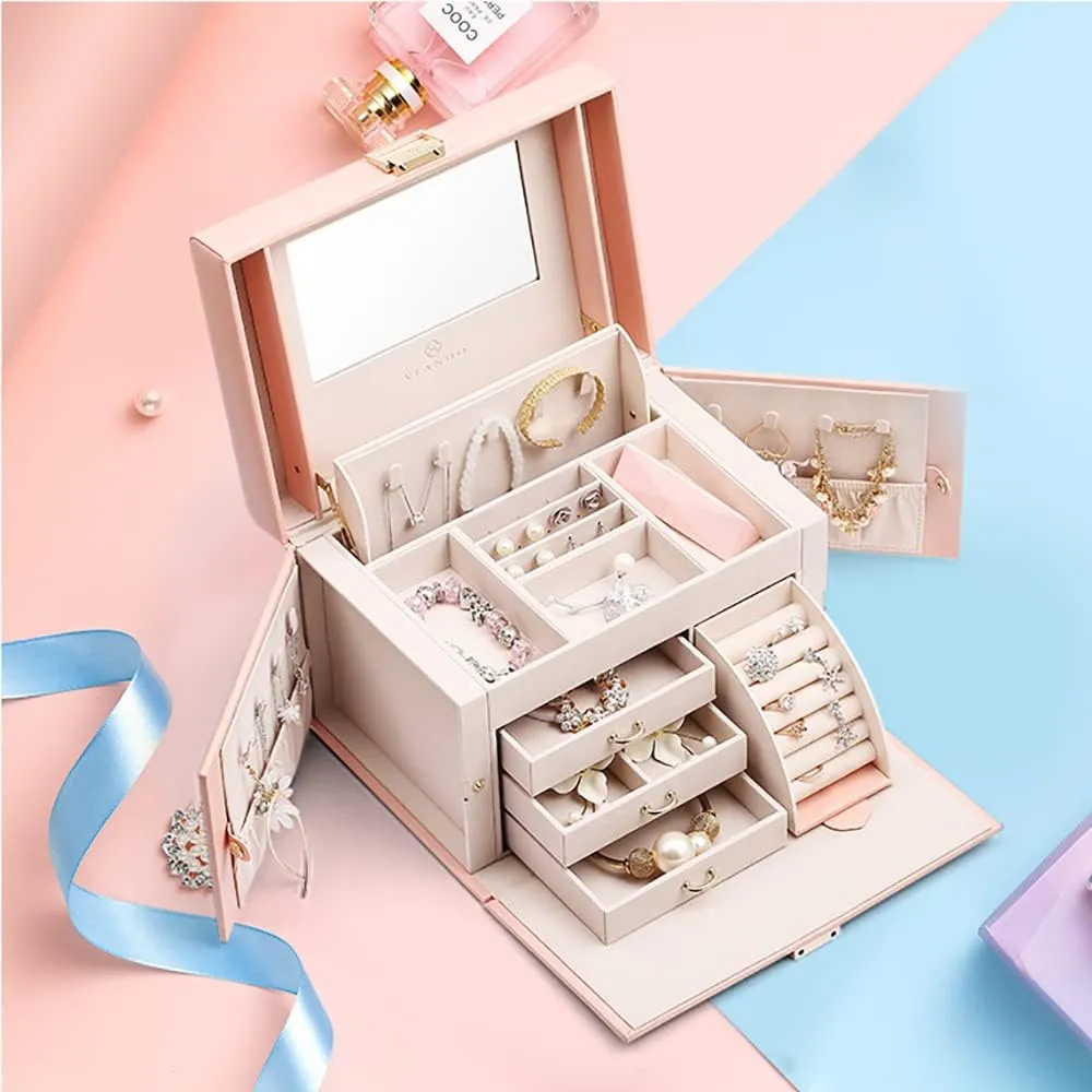 Vlando Mirrored Jewelry Box Organizer, Leather Jewelry Storage Case, Necklaces Earrings Rings Brackets Box Holder, Pink