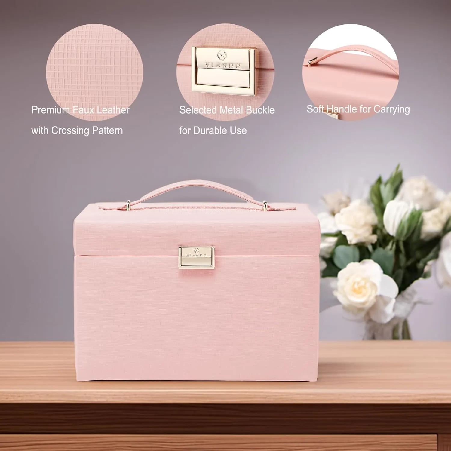 Vlando Mirrored Jewelry Box Organizer, Leather Jewelry Storage Case, Necklaces Earrings Rings Brackets Box Holder, Pink