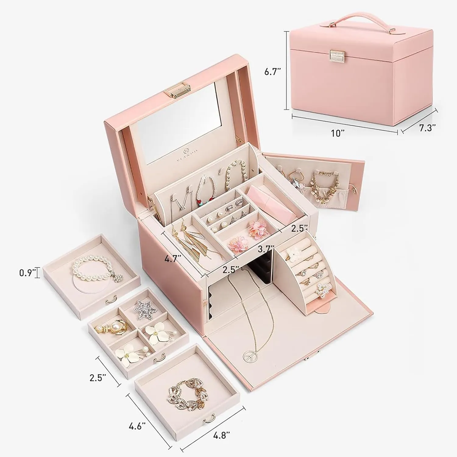 Vlando Mirrored Jewelry Box Organizer, Leather Jewelry Storage Case, Necklaces Earrings Rings Brackets Box Holder, Pink