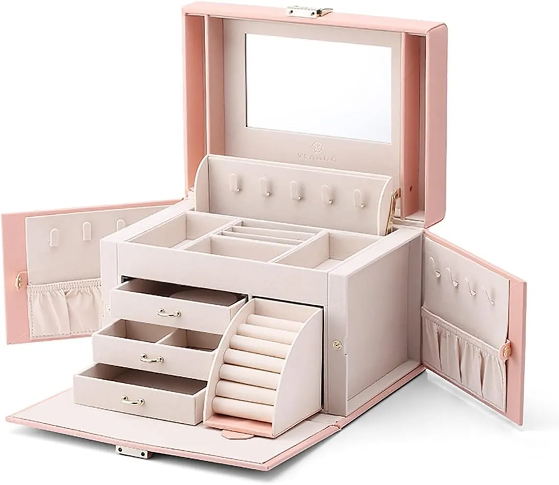 Vlando Mirrored Jewelry Box Organizer, Leather Jewelry Storage Case, Necklaces Earrings Rings Brackets Box Holder, Pink