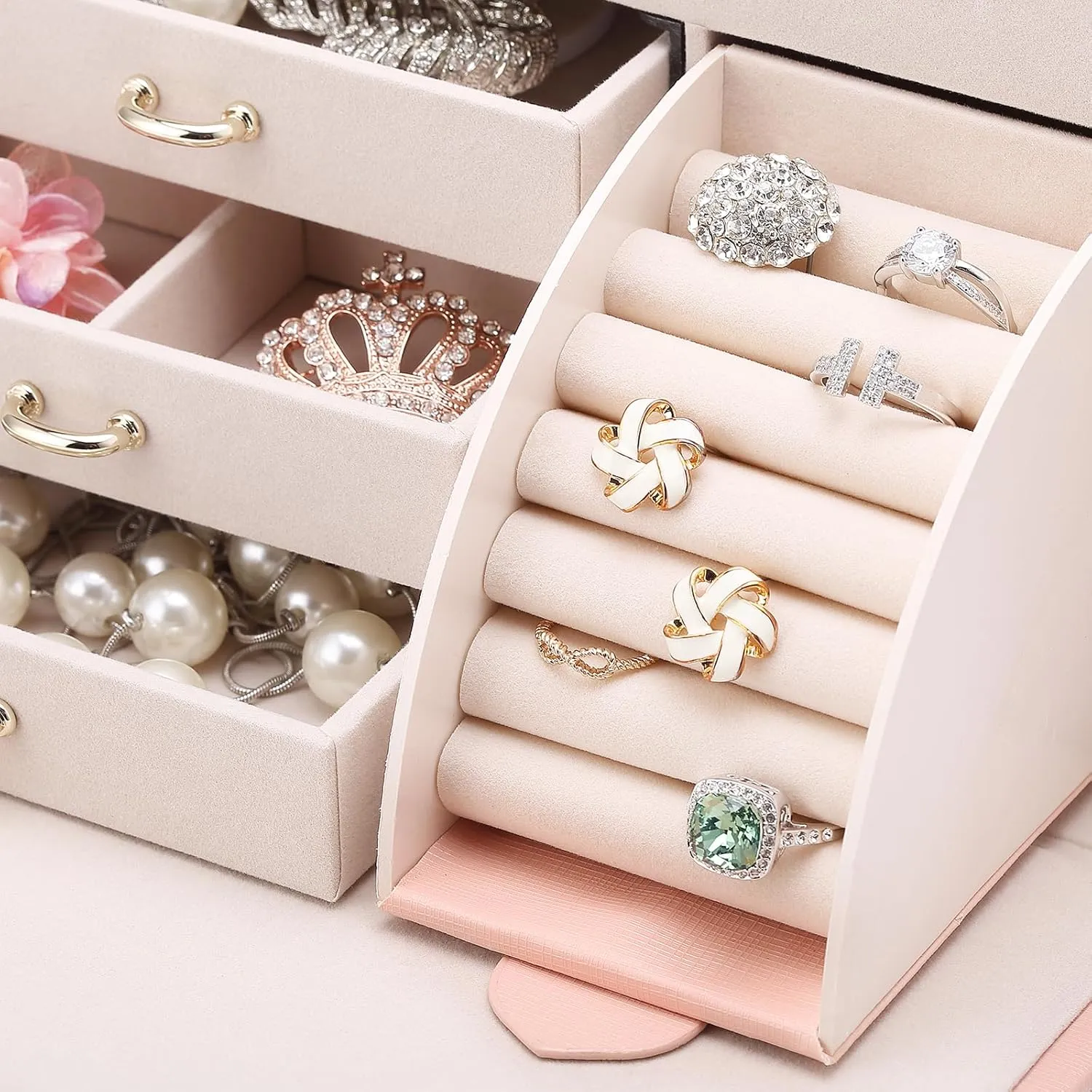 Vlando Mirrored Jewelry Box Organizer, Leather Jewelry Storage Case, Necklaces Earrings Rings Brackets Box Holder, Pink