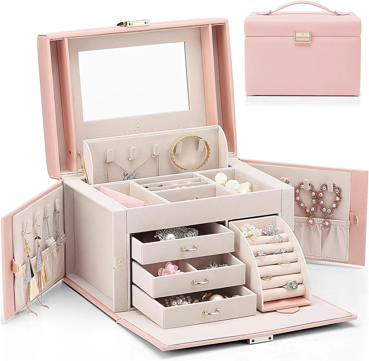Vlando Mirrored Jewelry Box Organizer, Leather Jewelry Storage Case, Necklaces Earrings Rings Brackets Box Holder, Pink