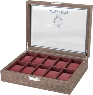 Watch Box Classic Vintage Wood 10 Grids Watch Jewelry Display Storage Box Organizer Clear Lid Jewellery Holder Case Watch Organizer Men(Red)
