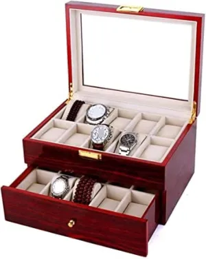 Watch Box Watch Case Wood 20 Slots Organizer Bracelet Display Holder Metal Hinge Clear Top Lockable Storage Case Watch Holder,Rosso,29x20.5x9cm