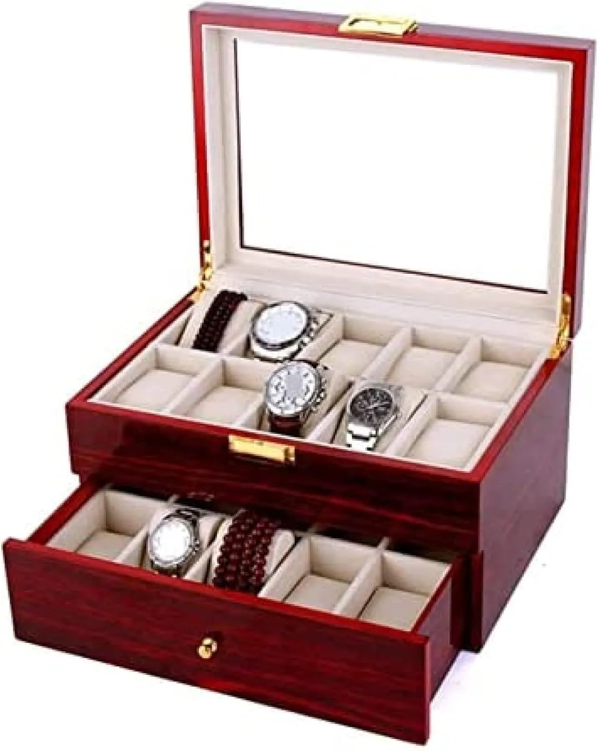 Watch Box Watch Case Wood 20 Slots Organizer Bracelet Display Holder Metal Hinge Clear Top Lockable Storage Case Watch Holder,Rosso,29x20.5x9cm