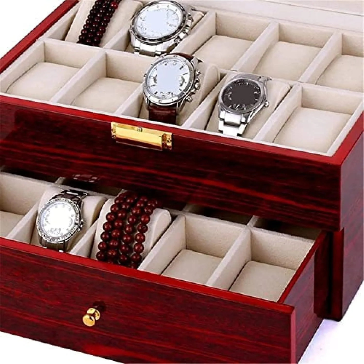 Watch Box Watch Case Wood 20 Slots Organizer Bracelet Display Holder Metal Hinge Clear Top Lockable Storage Case Watch Holder,Rosso,29x20.5x9cm