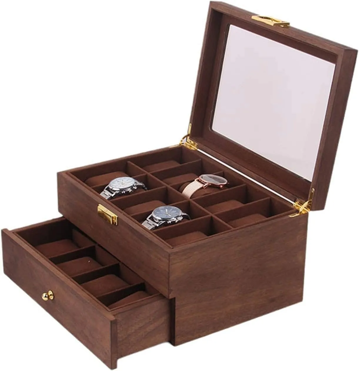 Watch Case Watch Stand Watch Winder Double Layer Vintage Wood 20 Slots Watch Storage Box Organizer Clear Lid Lockable Jewellery Display Case Watch Roll Watch Holder