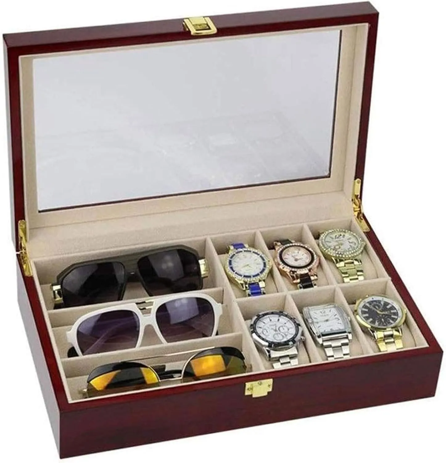 Watch Organizer 34cm/13.3in Watch Box Wooden Jewelry Storage Box with mirror Jewelry Box Suitable Watch Bracelet Finishing Collection. Watch Case