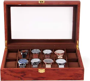 Watch Storage Box, Luxury 1 Layer 12 Slots Rosewood Glass Top Watch Jewelry Organizer Buckle Display Case Tray Box Red For Necklaces, Keys, Jewelry, Watches, Something Precious