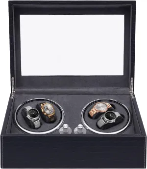 Watch Winder, Automatic 4 6 Watch Winder Watch Winder Box with Blue LED Light, Adjustable Watch Pillows and Adapter, Modern Auto Dual Watch Winder (Black Grey)