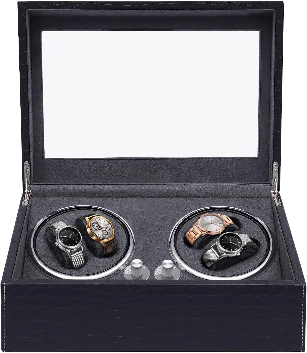 Watch Winder, Automatic 4 6 Watch Winder Watch Winder Box with Blue LED Light, Adjustable Watch Pillows and Adapter, Modern Auto Dual Watch Winder (Black Grey)