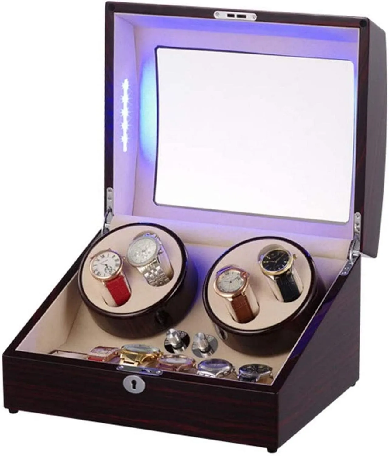 Watch Winder Automatic Watch Box with Blue LED Light Ebony Wood Shell Winding Bag Silent Motor and 5 Rotation Modes Watch Winder Display Watch Box Storage