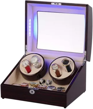 Watch Winder Automatic Watch Box with Blue LED Light Ebony Wood Shell Winding Bag Silent Motor and 5 Rotation Modes Watch Winder Display Watch Box Storage