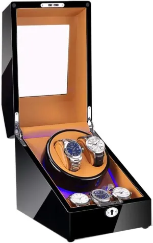Watch Winder Box for 2 3 Automatic Watches, with LED Light, 4 Rotation Modes, Quite Motors   Brown Watch Winder Display Watch Box Case Watch Storage C