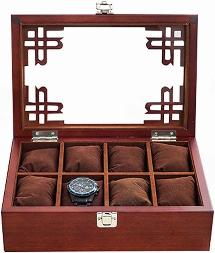 Watch Display Storage Box 8 Grid Jewelry Organizer Case with Glass Top Lockable Metal Buckle for Men/Women - Red