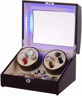 Watch Winder Automatic Watch Box with Blue LED Light Ebony Wood Shell Winding Bag Silent Motor and 5 Rotation Modes Watch Winder Display Watch Box Storage
