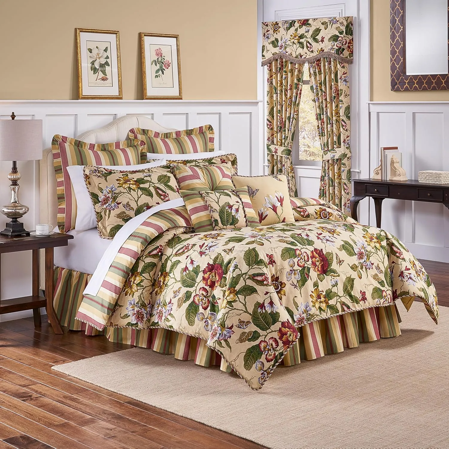 Waverly Laurel Springs Modern Farmhouse Floral Rod Pocket Valance for Windows in Bedroom, Kitchen, or Living Room, 50" x 15", Parchment
