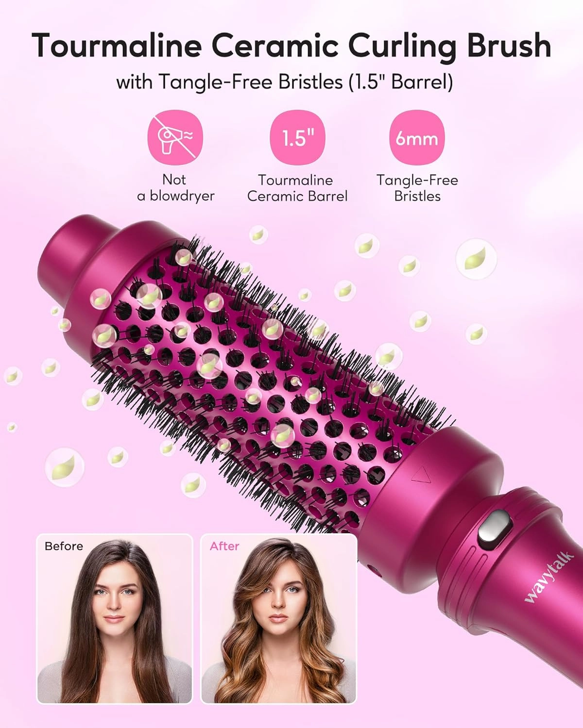 Wavytalk Heated Round Brush, 1 1/2 inch Blowout Look with Detachable Head, Dual Voltage for Travel, Rose Red