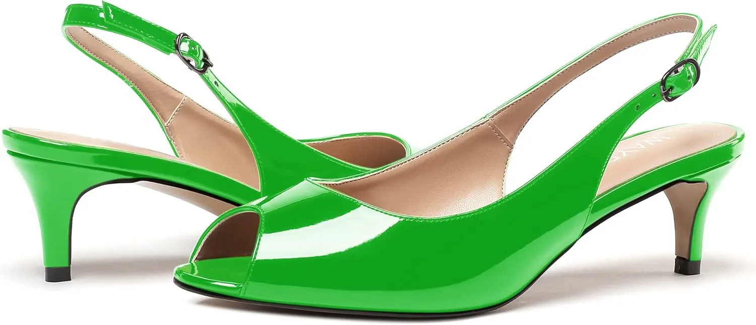 WAYDERNS Women's Peep Toe Patent Slingback Ankle Strap Kitten Low Heel Pumps Ladies Cute Dress Shoes 2 Inch