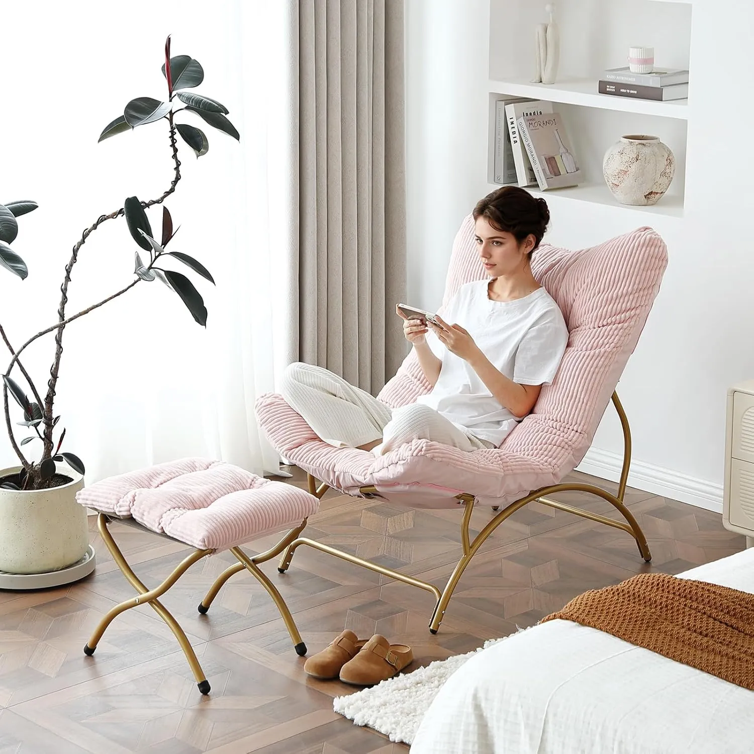 Welnow Accent Chair with Ottoman, Lounge Comfy Soft Leisure Metal Frame Reading Chair with Footrest, Upholstered Thick Cushion Seated Recliner Sofa for Living Room, Bedroom, Dorm, Pink