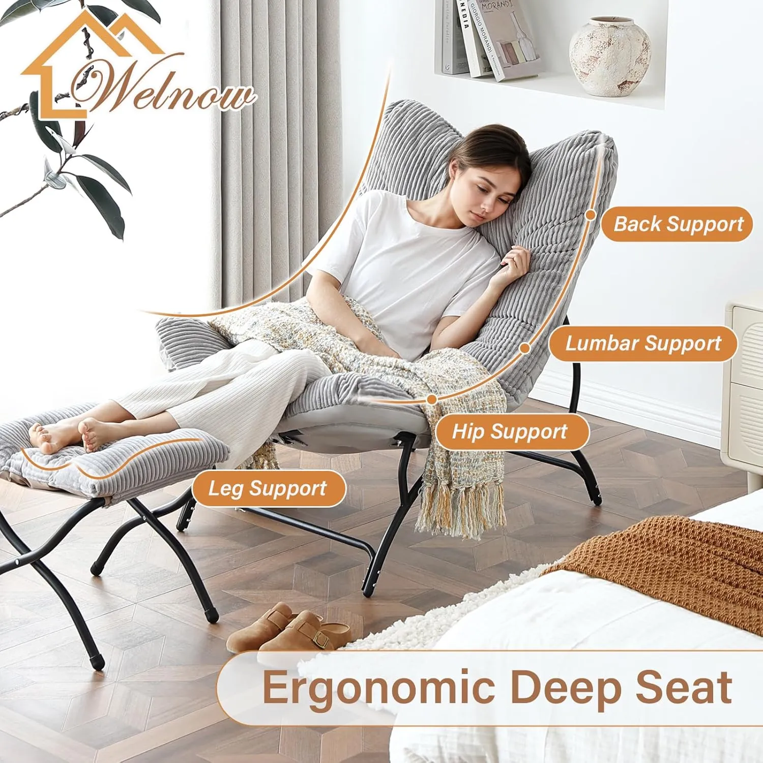 Welnow Accent Chair with Ottoman, Lounge Comfy Soft Leisure Metal Frame Reading Chair with Footrest, Upholstered Thick Cushion Seated Recliner Sofa for Living Room, Bedroom, Dorm, Pink