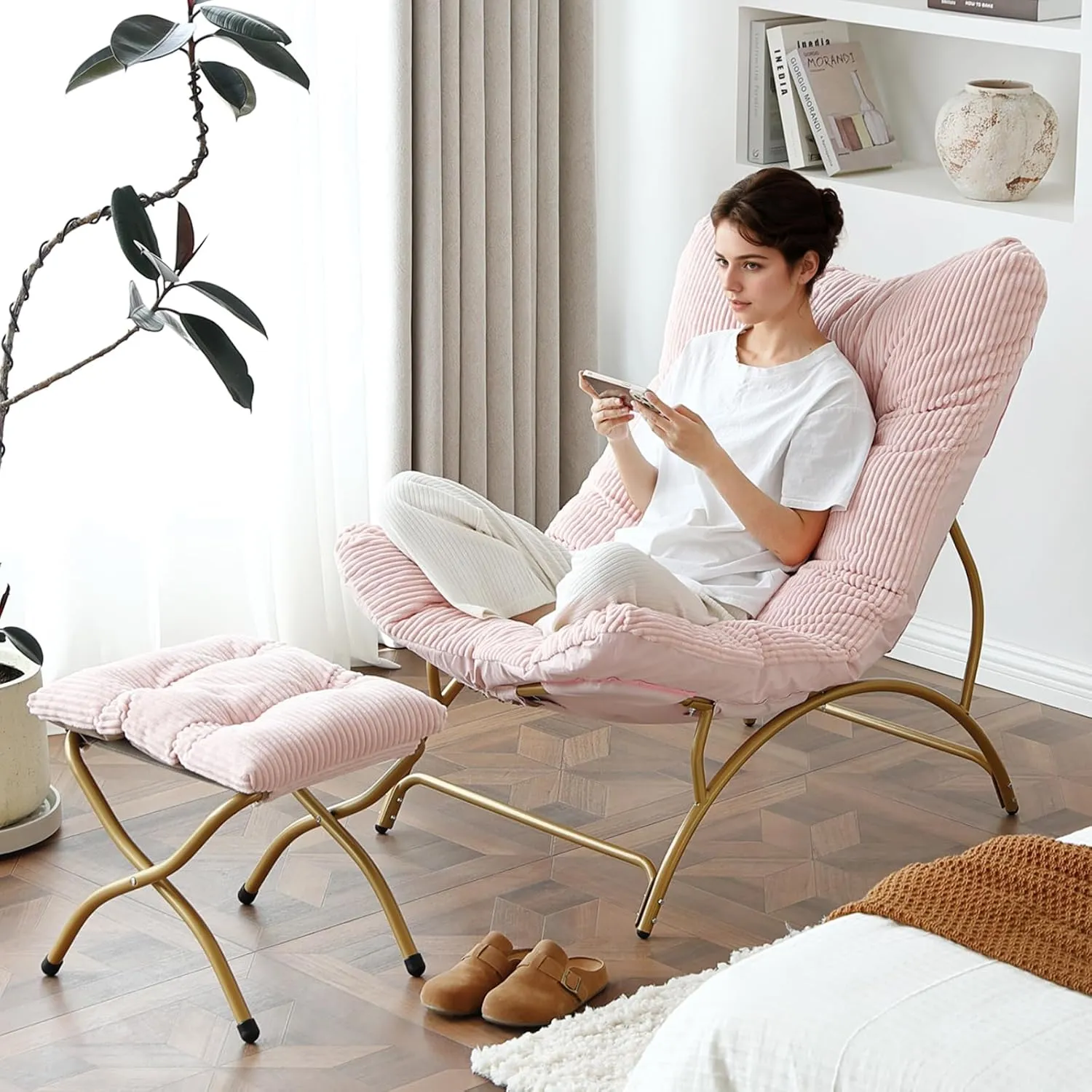 Welnow Accent Chair with Ottoman, Lounge Comfy Soft Leisure Metal Frame Reading Chair with Footrest, Upholstered Thick Cushion Seated Recliner Sofa for Living Room, Bedroom, Dorm, Pink