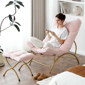 Welnow Accent Chair with Ottoman, Lounge Comfy Soft Leisure Metal Frame Reading Chair with Footrest, Upholstered Thick Cushion Seated Recliner Sofa for Living Room, Bedroom, Dorm, Pink