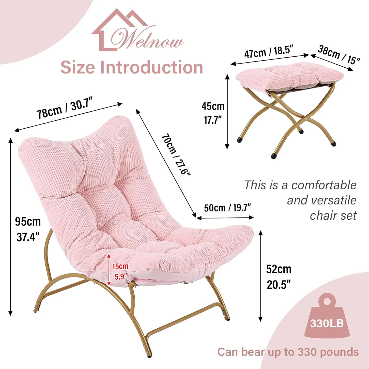 Welnow Accent Chair with Ottoman, Lounge Comfy Soft Leisure Metal Frame Reading Chair with Footrest, Upholstered Thick Cushion Seated Recliner Sofa for Living Room, Bedroom, Dorm, Pink