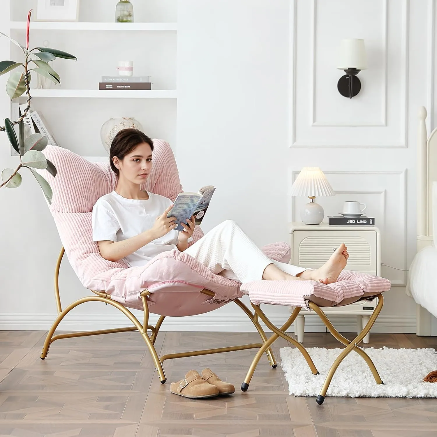 Welnow Accent Chair with Ottoman, Lounge Comfy Soft Leisure Metal Frame Reading Chair with Footrest, Upholstered Thick Cushion Seated Recliner Sofa for Living Room, Bedroom, Dorm, Pink