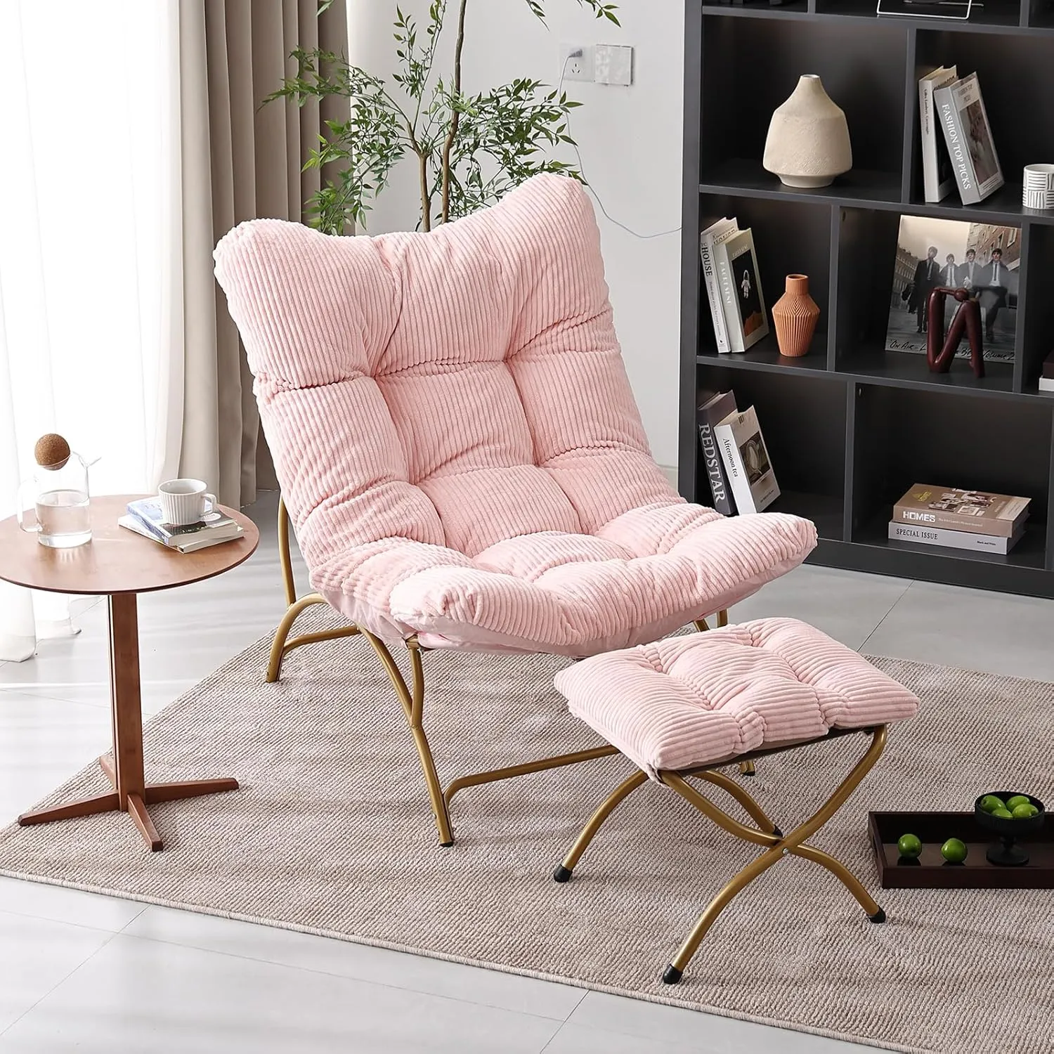 Welnow Accent Chair with Ottoman, Lounge Comfy Soft Leisure Metal Frame Reading Chair with Footrest, Upholstered Thick Cushion Seated Recliner Sofa for Living Room, Bedroom, Dorm, Pink