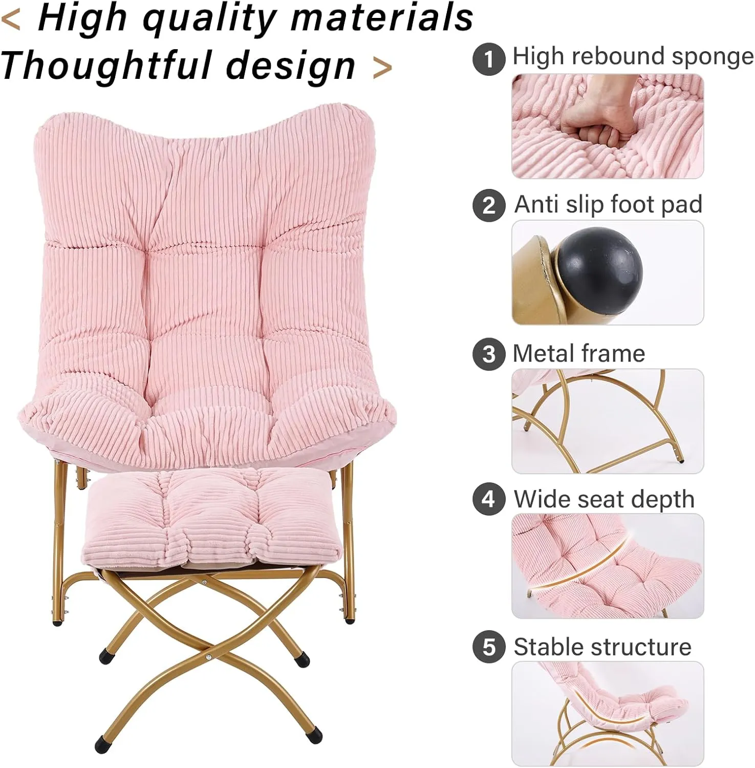 Welnow Accent Chair with Ottoman, Lounge Comfy Soft Leisure Metal Frame Reading Chair with Footrest, Upholstered Thick Cushion Seated Recliner Sofa for Living Room, Bedroom, Dorm, Pink