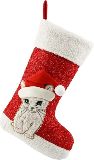 WEWILL 20'' Cute Cat Christmas Stockings Embroidered Xmas Socks Holiday Party Pet Theme Gift for Kitty