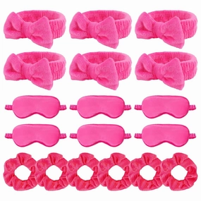 WHAVEL 18 Pcs Sleepover Party Supplies for Girls - Pink Party Favors Include 6 Spa Headband, 6 Silk Eye Mask and 6 Velvet Scrunchies for Spa Birthday, Bachelorette, Slumber (Hot Pink)