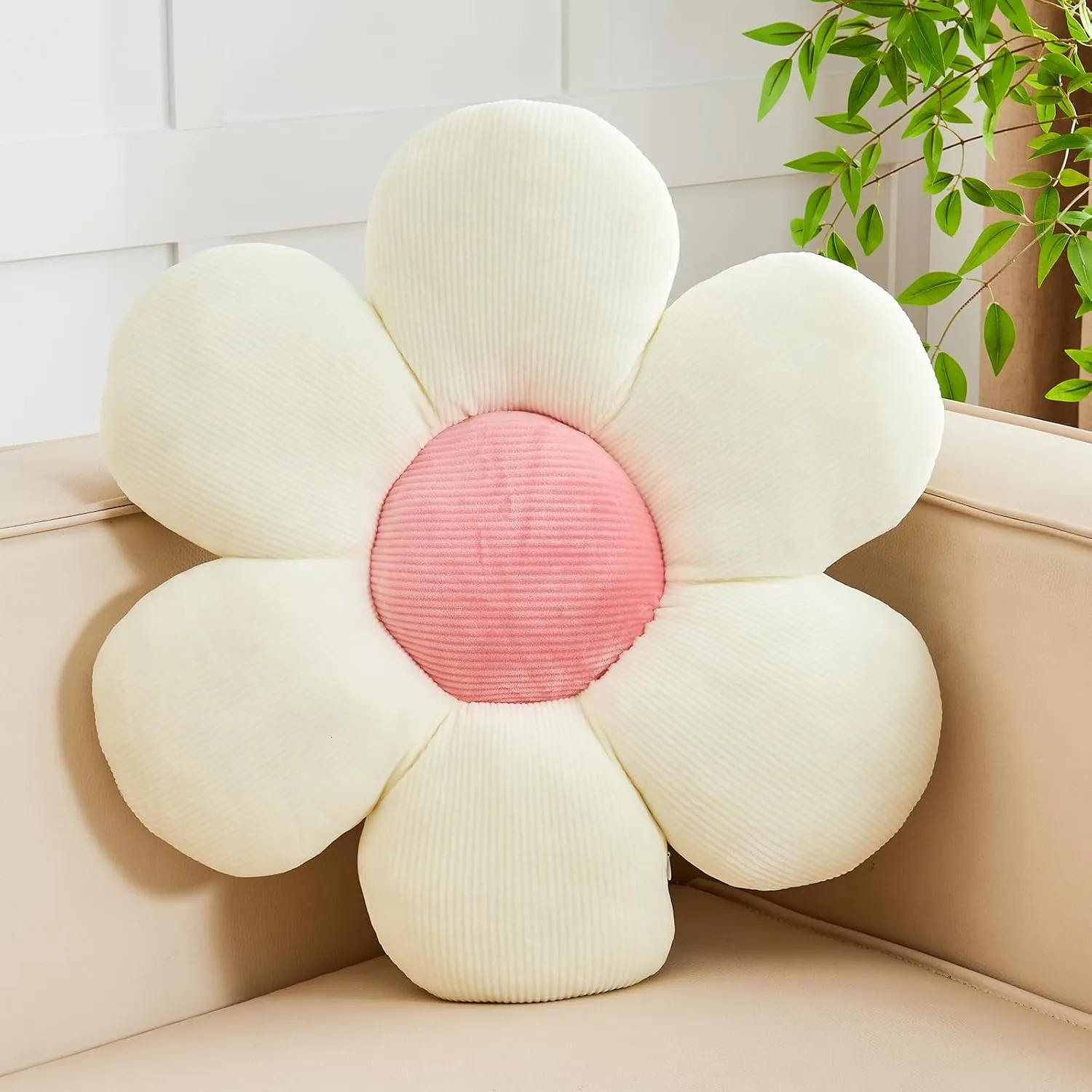 White Pink Flower Pillow, Soft 19.6" Flower Throw Pillow, Cute Flower Shaped Floor Pillow, Aesthetic Floral Plush Daisy Decorative Pillows for Bed Sofa Couch