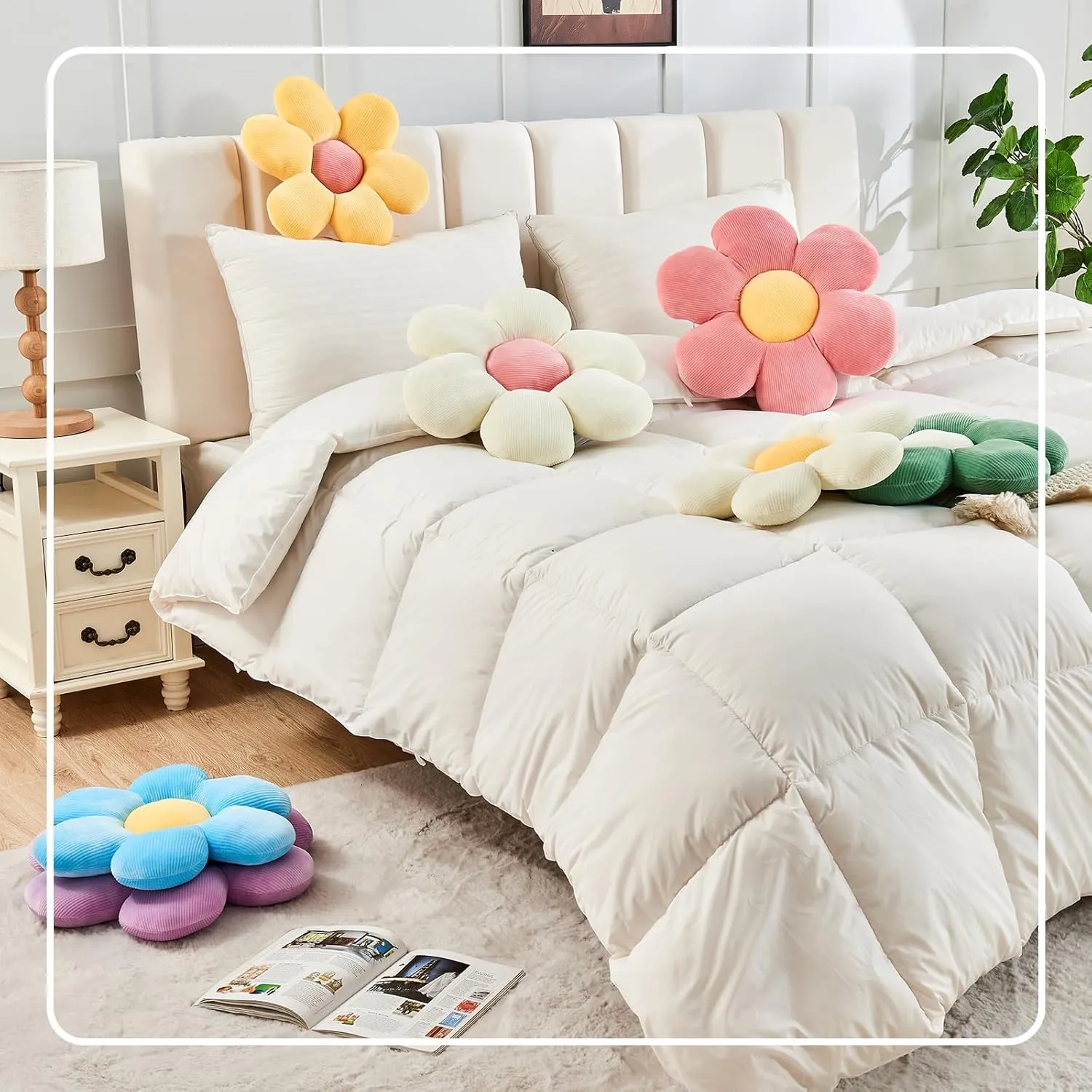 White Pink Flower Pillow, Soft 19.6" Flower Throw Pillow, Cute Flower Shaped Floor Pillow, Aesthetic Floral Plush Daisy Decorative Pillows for Bed Sofa Couch