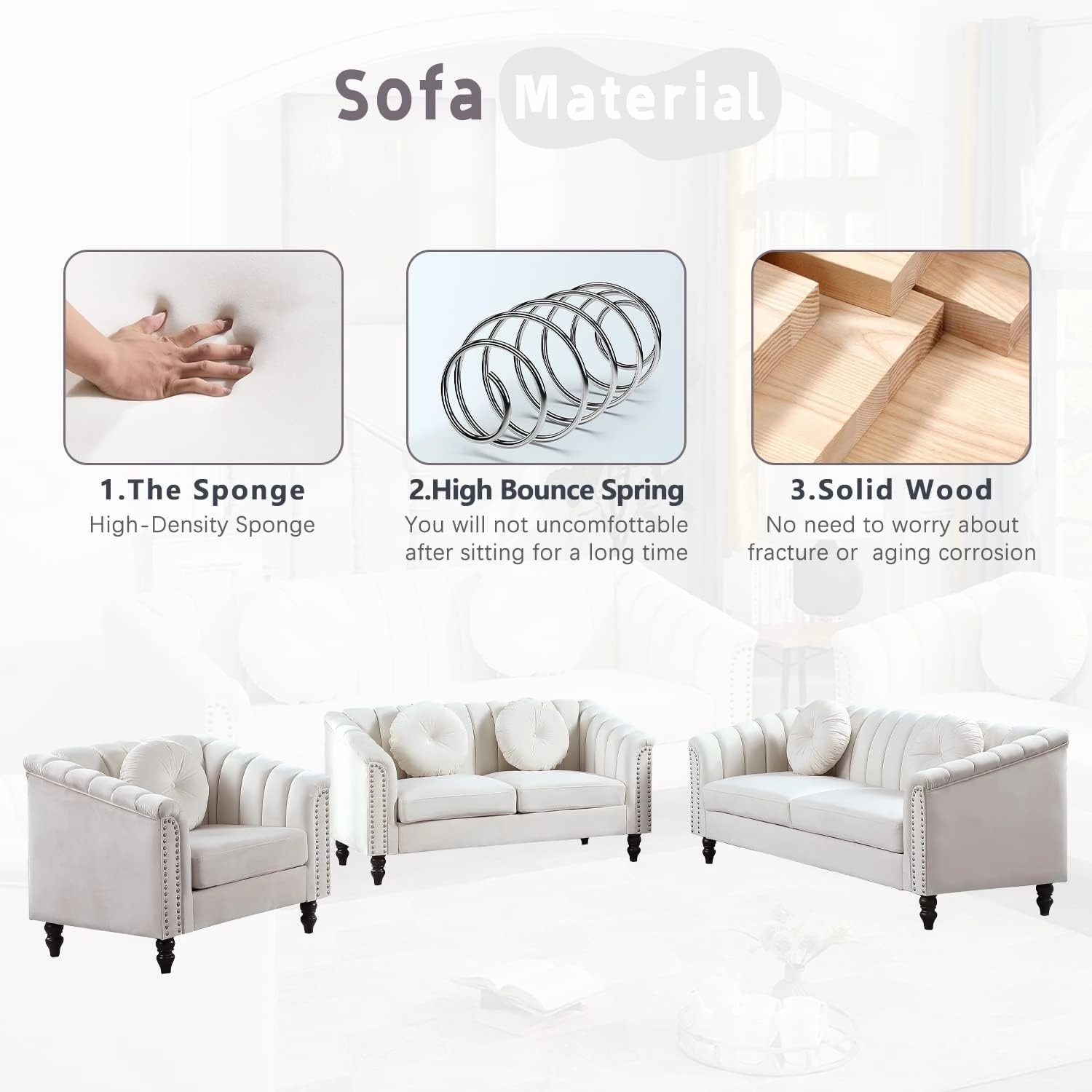 White Chesterfield Velvet Sofa Couch Set (Chair/Loveseat/Sofa) - for Living Room Furniture Sets、Offices、Apartments